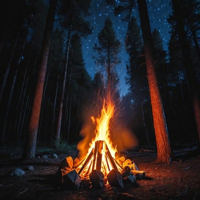 Campfire Burning in Starry Forest