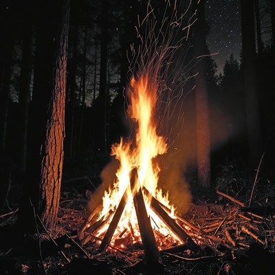 Campfire Burning in Night Forest