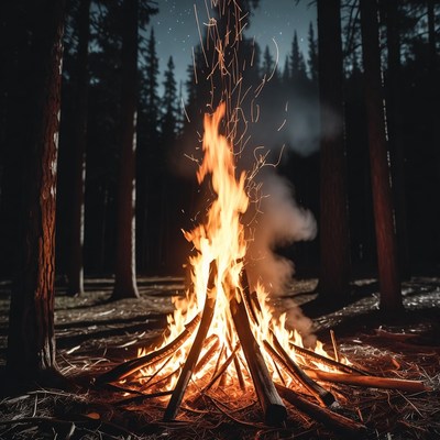 Campfire Burning in Night Forest