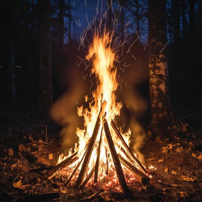 Campfire Burning in Dark Forest