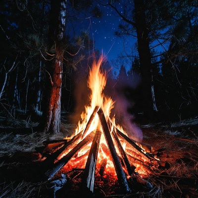 Campfire Burning in Night Forest
