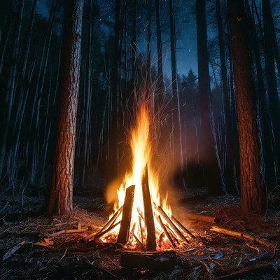 Campfire in dark starry forest