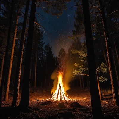 Campfire Burning in Pine Forest Night