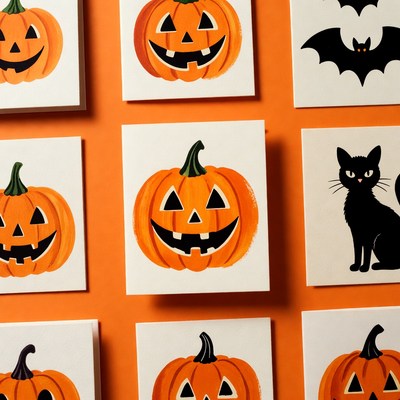 Halloween Pumpkin Cards with Bat and Cat