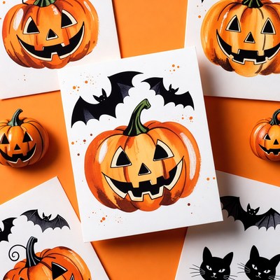 Halloween Pumpkins Bats Cards Illustration