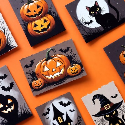 Halloween Clipart Cards with Pumpkins and Cats