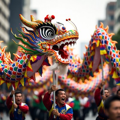 Men Performing Chinese Dragon Dance
