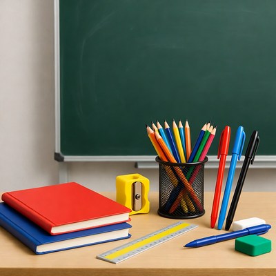 School supplies on desk with chalkboard