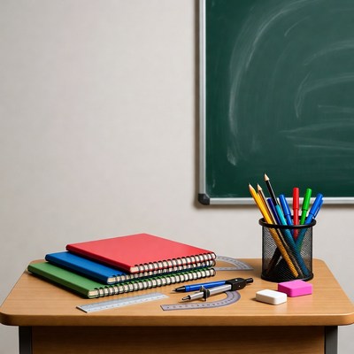 School Supplies on Wooden Desk