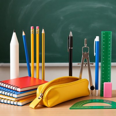 School supplies on desk with chalkboard