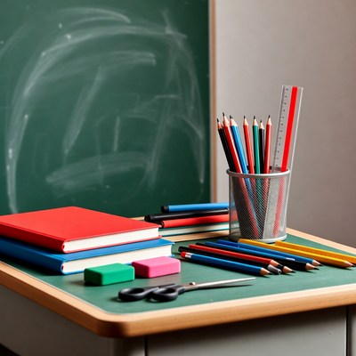 School Supplies on Green Desk