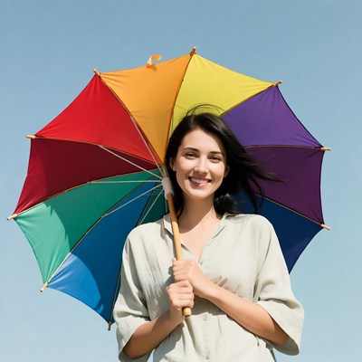 Woman holding rainbow umbrella