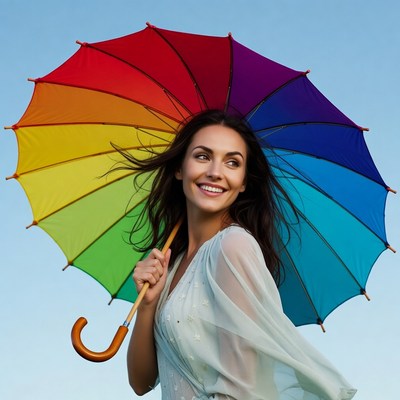 Woman holding colorful rainbow umbrella