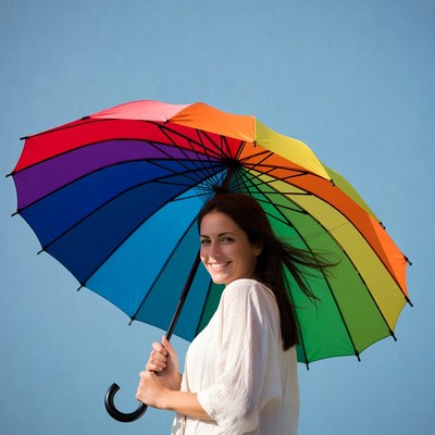 Woman holding colorful rainbow umbrella