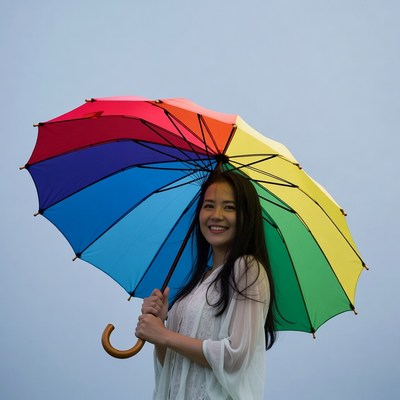 Asian woman holding rainbow umbrella