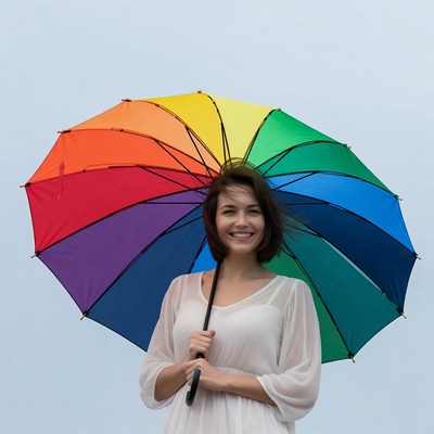 Woman holding rainbow umbrella