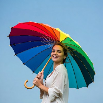 Woman holding rainbow umbrella