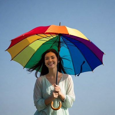 Asian woman holding rainbow umbrella