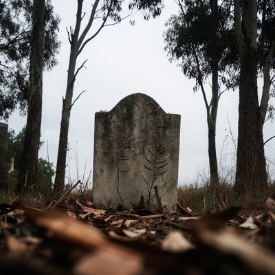Mossy gravestone in foggy eucalyptus forest