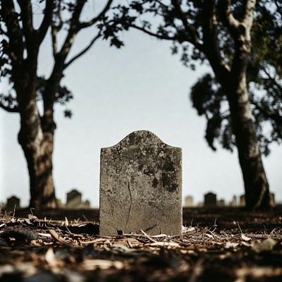 Tombstone in cemetery with trees