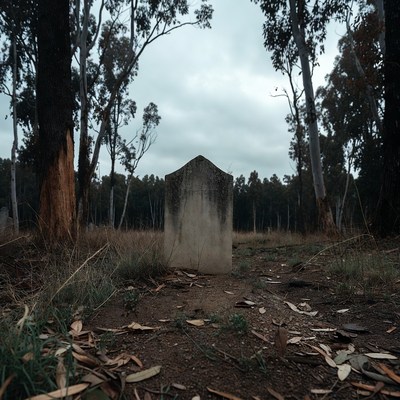Gravestone in eucalyptus forest