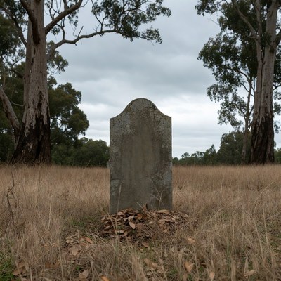 Old gravestone in eucalyptus field