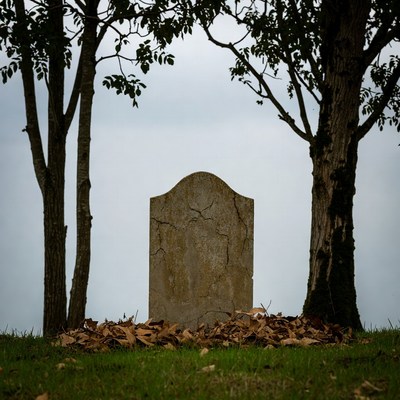 Old gravestone between trees