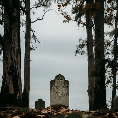 Grave stone in autumn forest cemetery