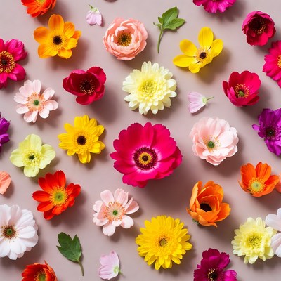 Colorful flowers scattered on gray background
