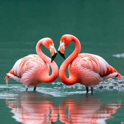 Two pink flamingos necks entwined