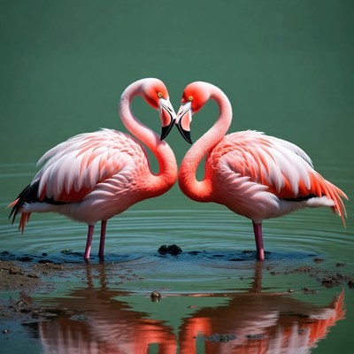 Two Flamingos Kissing in Water