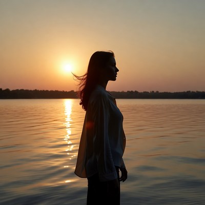 Woman silhouette at sunset lake