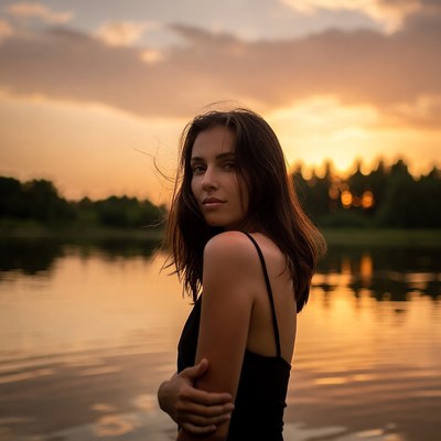 Woman in black dress by sunset lake