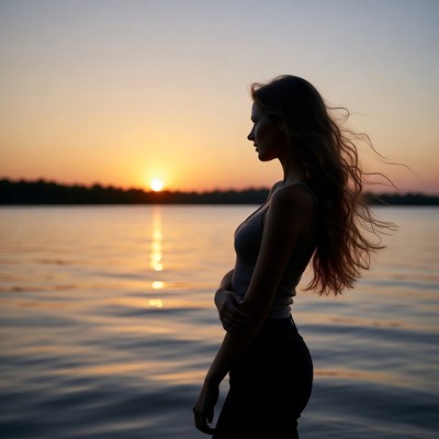 Woman silhouette at sunset lake