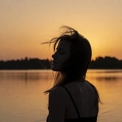 Woman silhouette at sunset lake