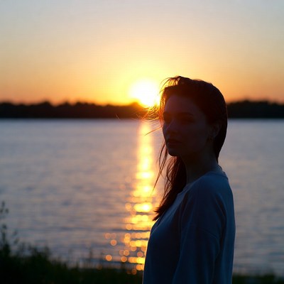 Woman silhouette at sunset lake