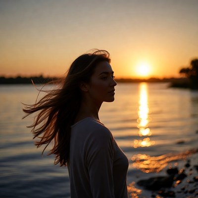Woman silhouette at sunset by lake