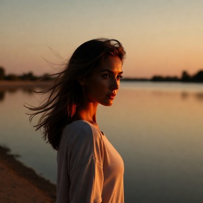 Woman with flowing hair by sunset lake