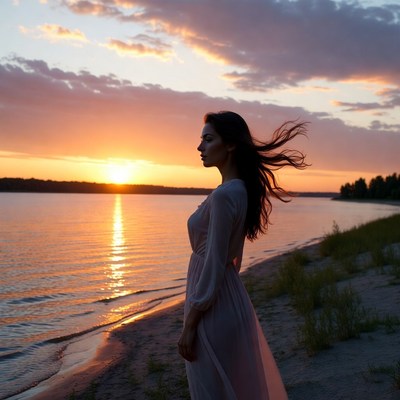 Woman silhouette at sunset lake