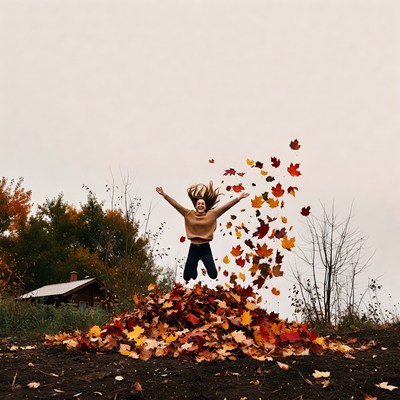 Woman jumping into autumn leaves