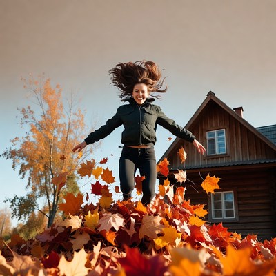 Woman jumping into autumn leaves