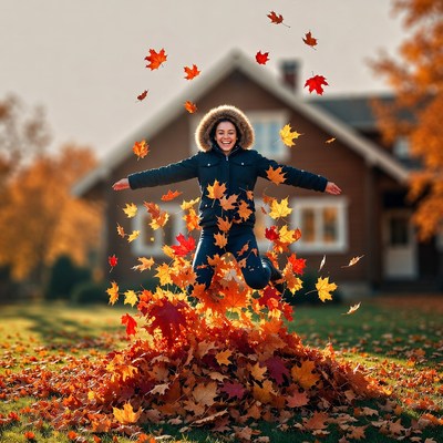 Woman jumping in autumn leaves