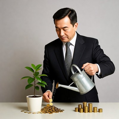 Asian man watering money plant