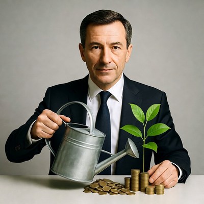 Businessman watering plant with coins