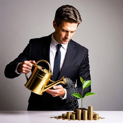Businessman watering money plant with gold watering can