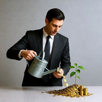 Man watering money plant with coins