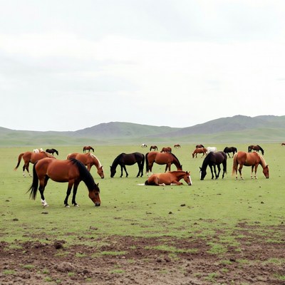 Herd of horses grazing in green pasture