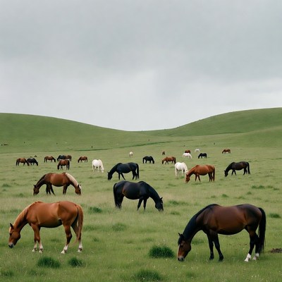 Herd of horses grazing in green field
