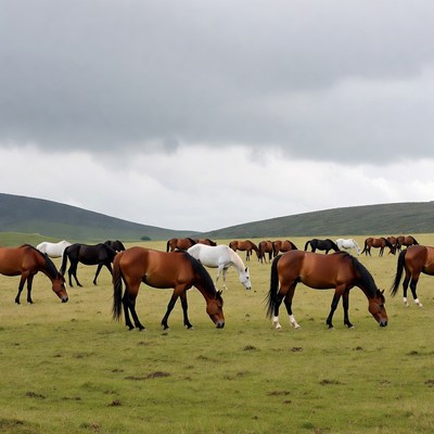Herd of horses grazing in green field