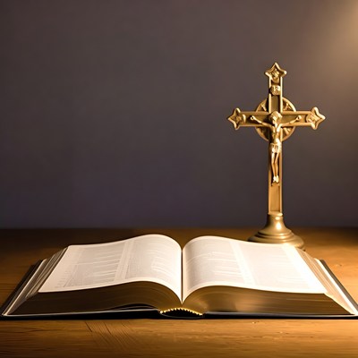 Open Bible with Golden Crucifix